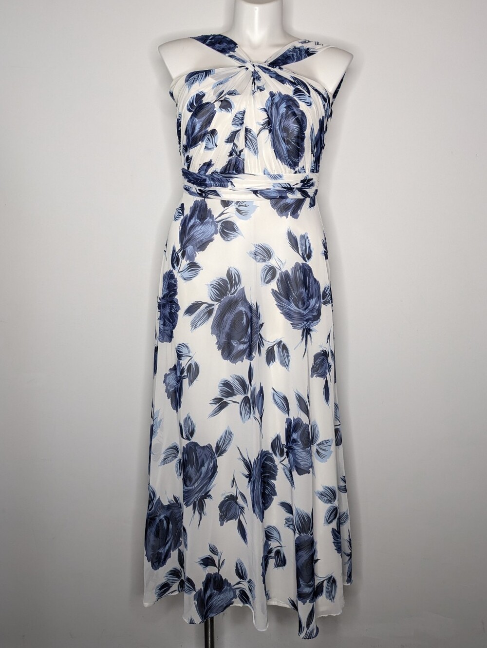 After Six White Blue Floral Chiffon Indigo Rose Halter Midi Dress 12